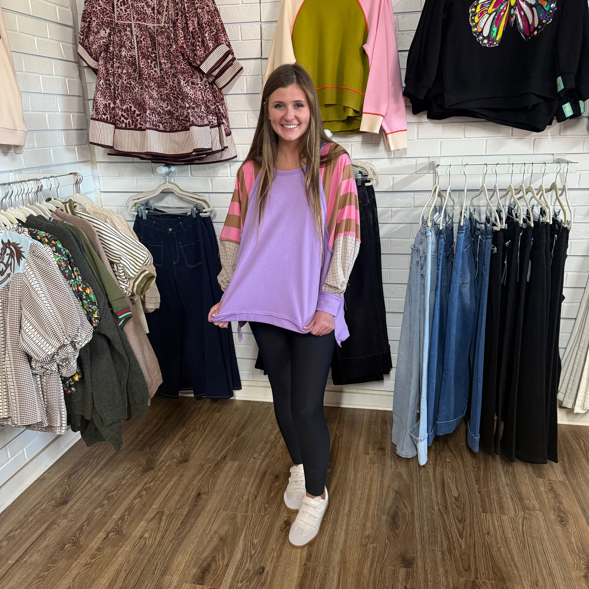 PURPLE STRIPE PLAID SLV SWEATSHIRT TOP