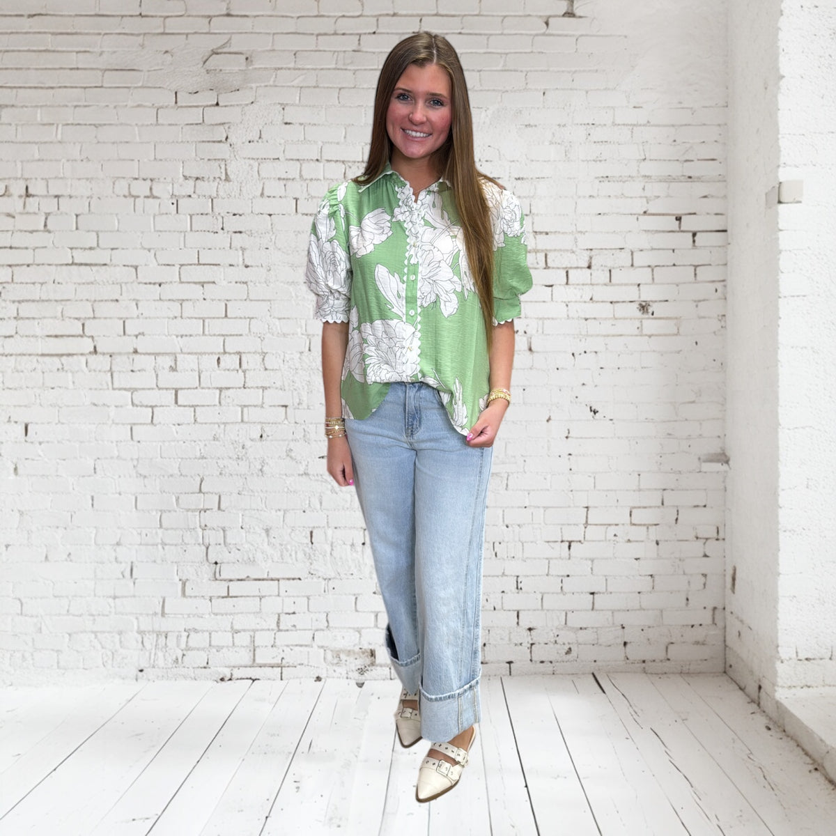 GREEN FLORAL SCALLOP TRIM TOP