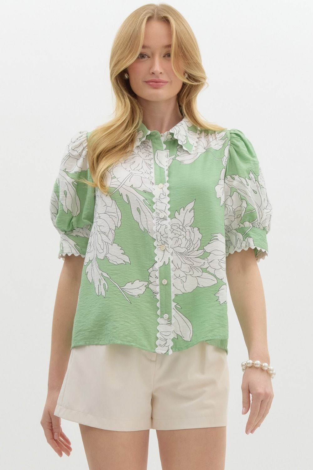 GREEN FLORAL SCALLOP TRIM TOP