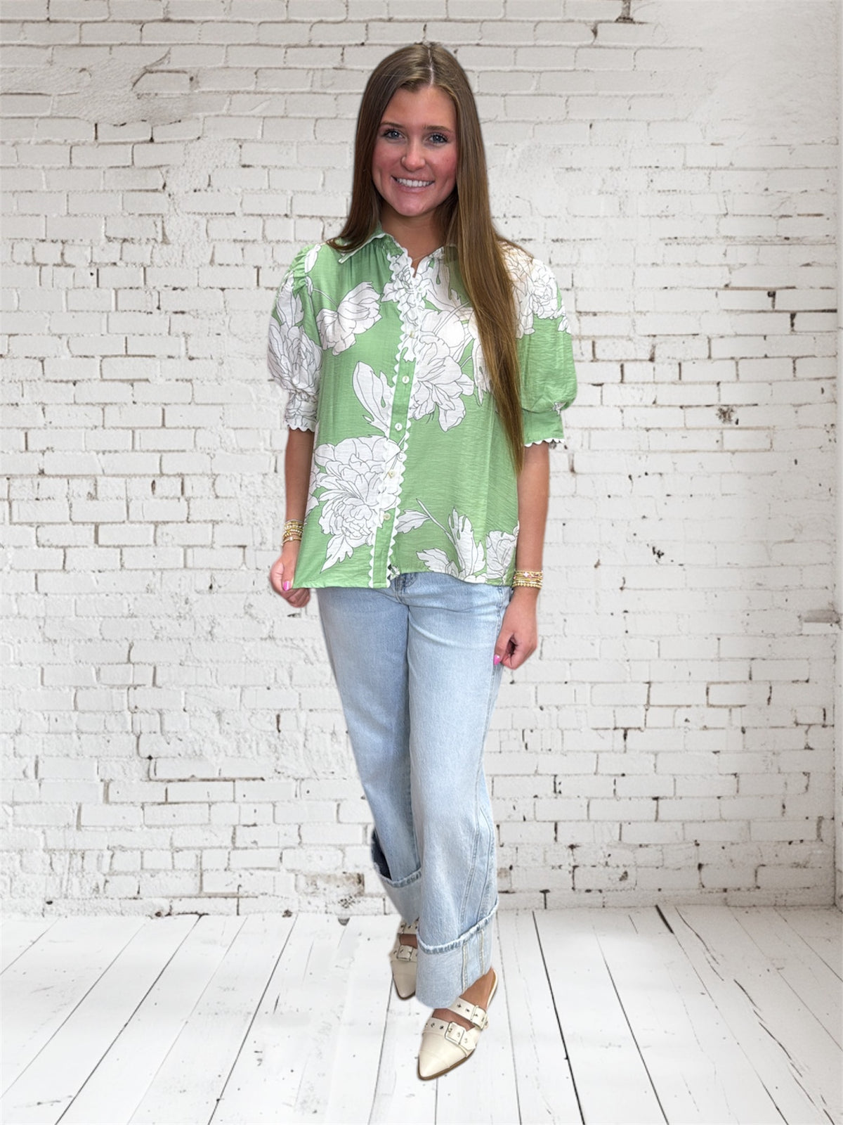 GREEN FLORAL SCALLOP TRIM TOP
