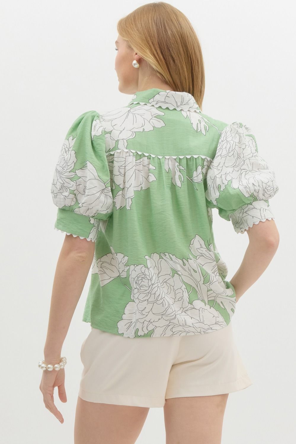 GREEN FLORAL SCALLOP TRIM TOP