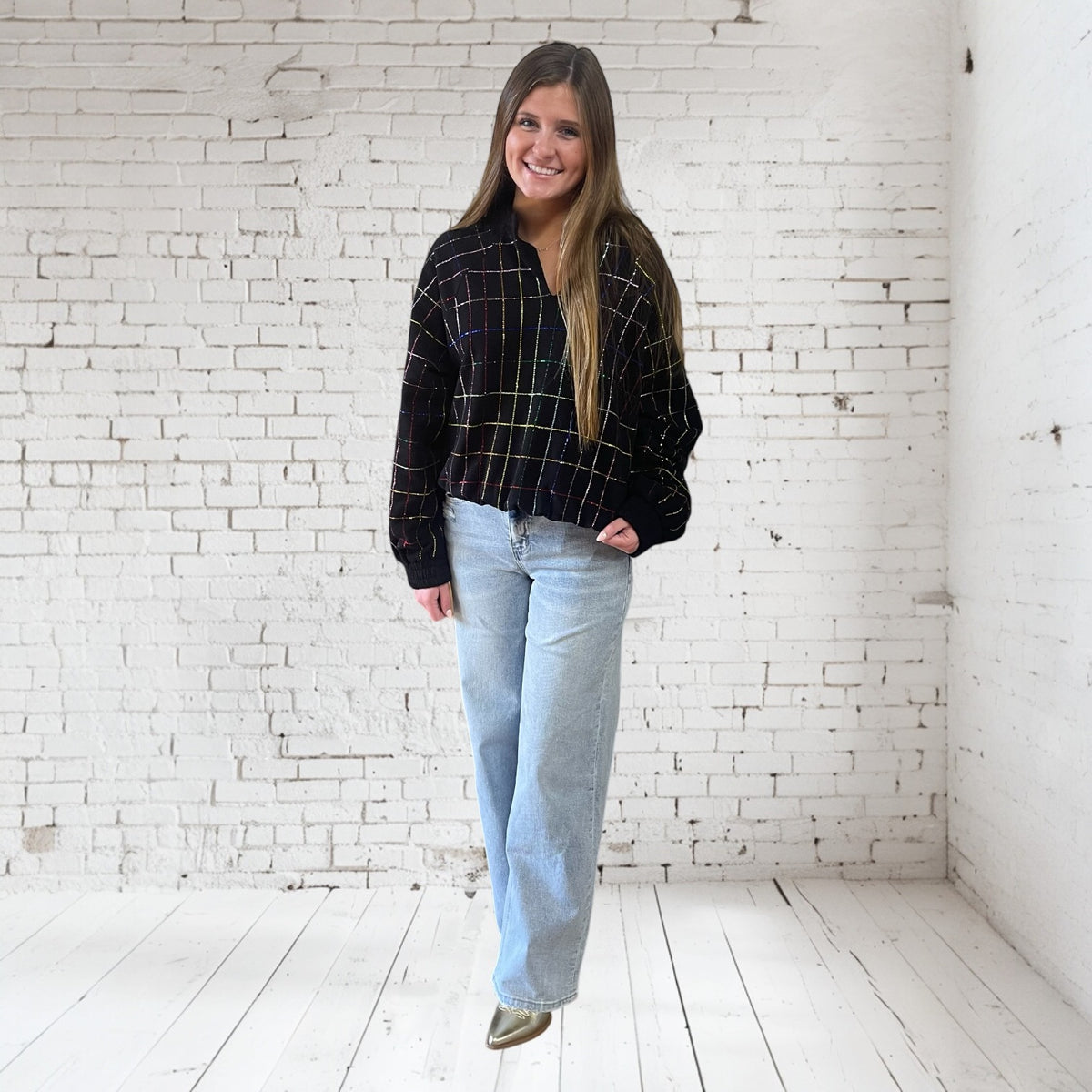 BLACK MULTI RHINESTONE PLAID SWEATSHIRT