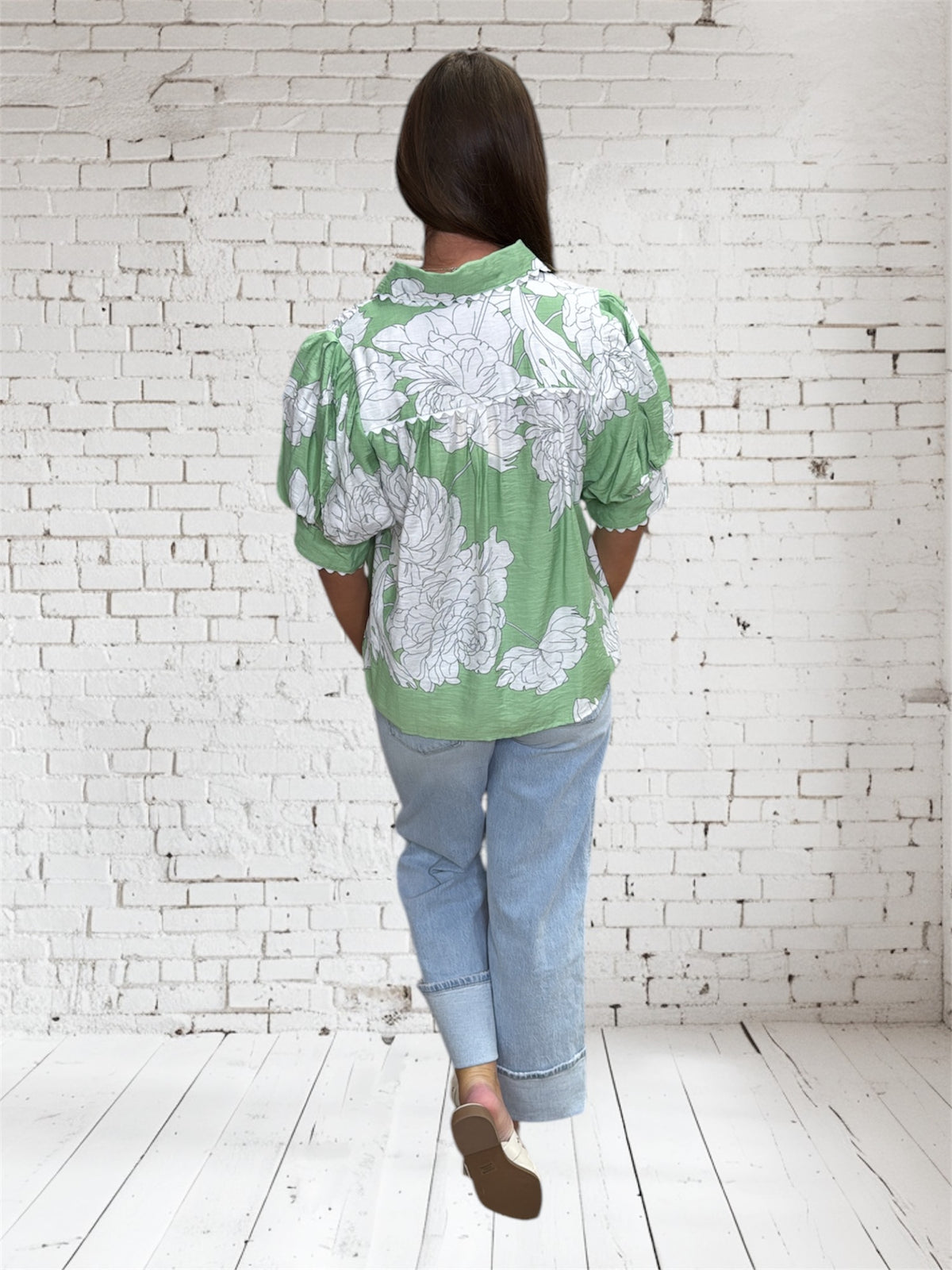 GREEN FLORAL SCALLOP TRIM TOP