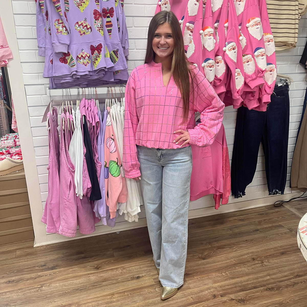 PINK MULTI RHINESTONE PLAID SWEATSHIRT