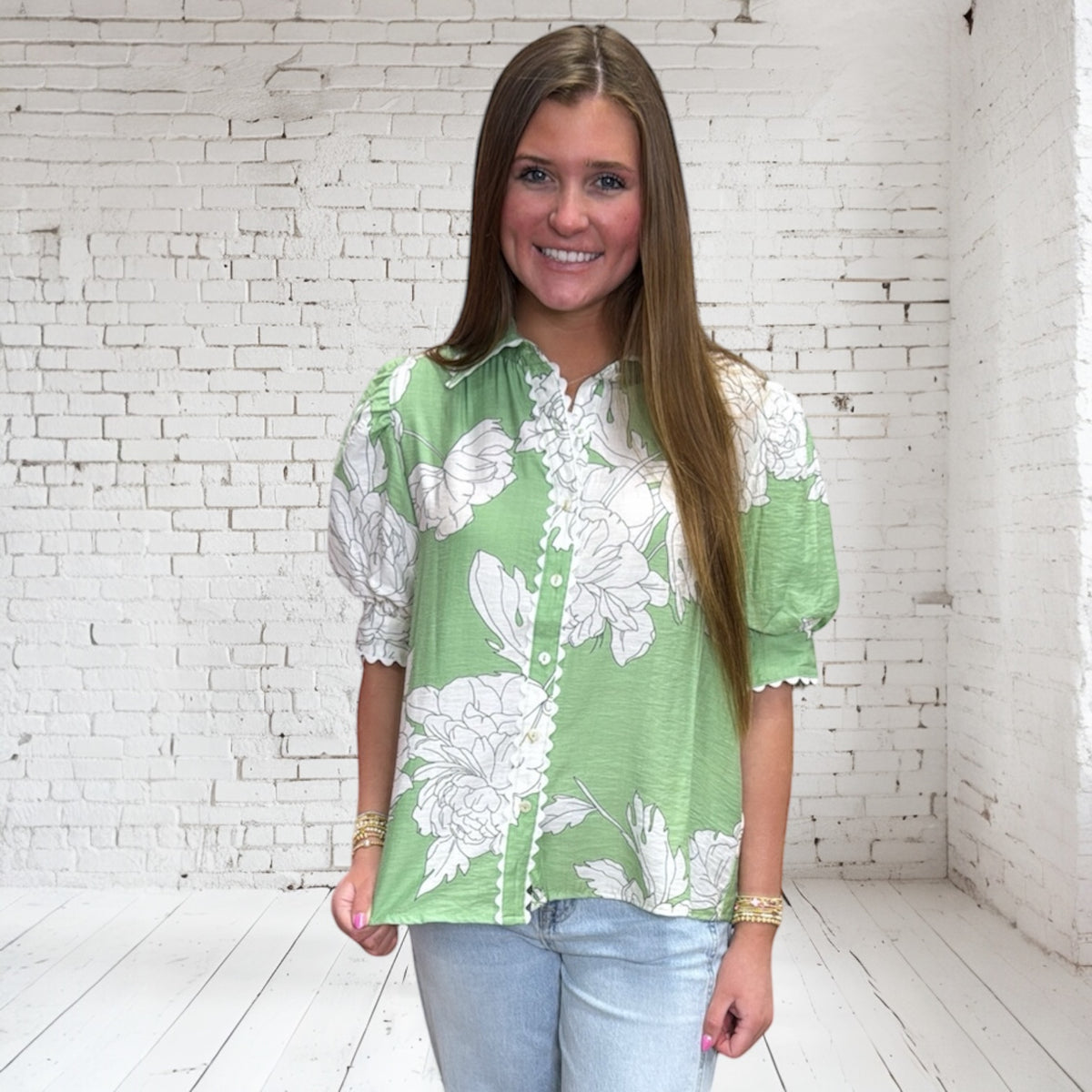 GREEN FLORAL SCALLOP TRIM TOP