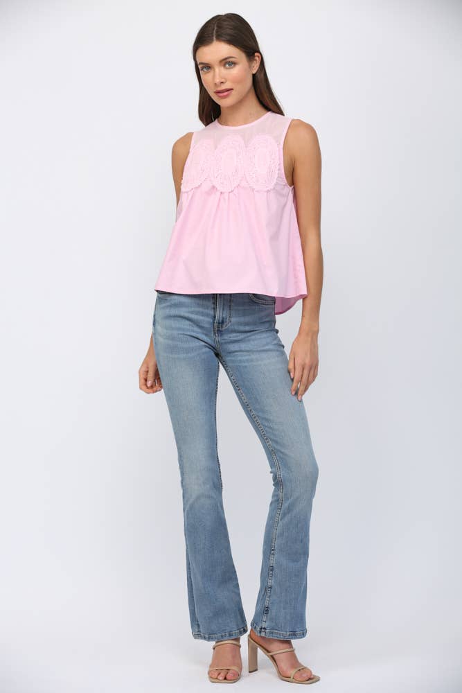 PINK MESH LACE TRIMMED TOP