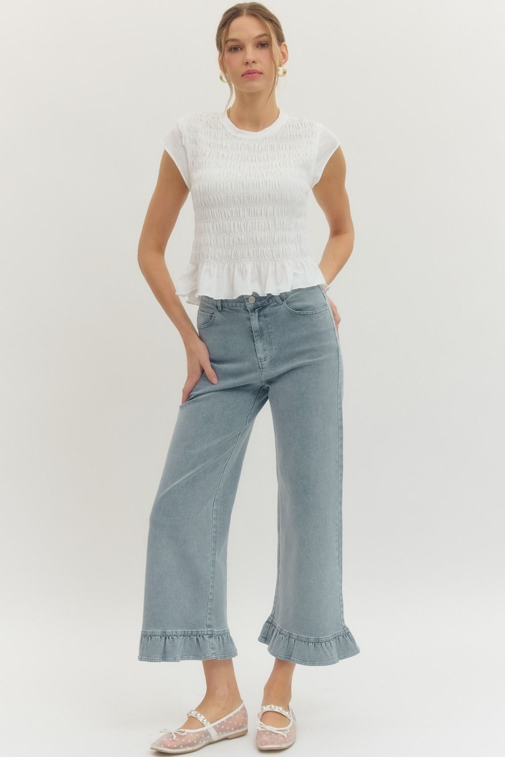 BLUE DENIM RUFFLE HEM JEAN