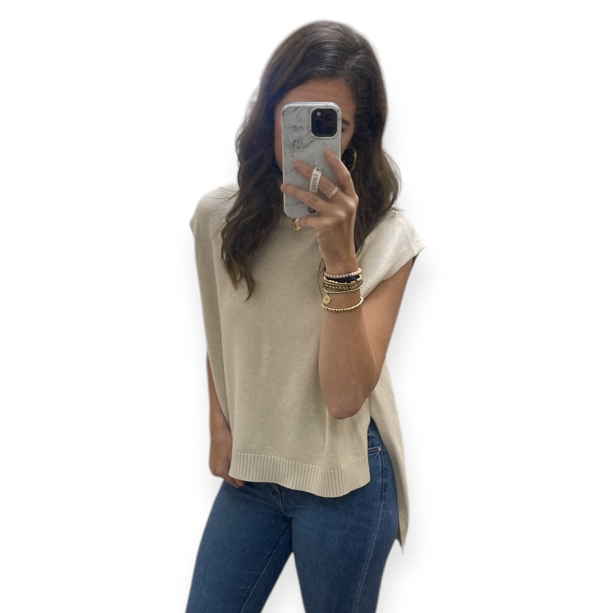 OATMEAL TURTLENECK SLVLESS HI LO SWEATER