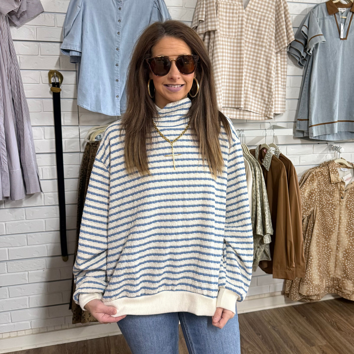 DENIM STRIPE MOCK NECK TOP