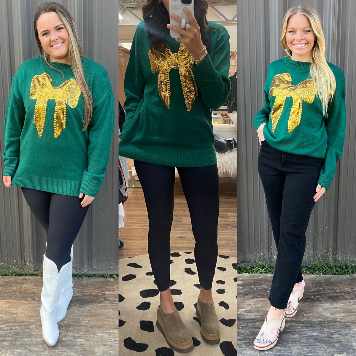 GREEN GOLD SEQUIN BOW SWEATER