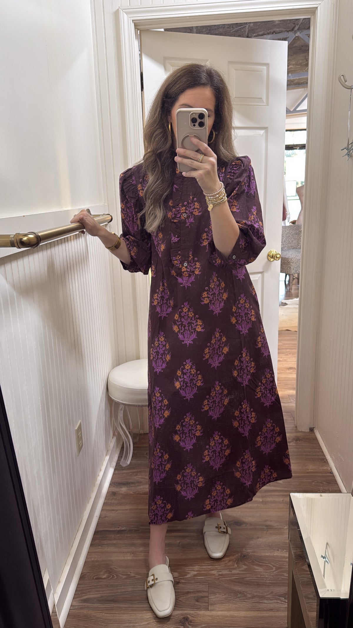 BROWN FLORAL RUFFLE TRIM MIDI