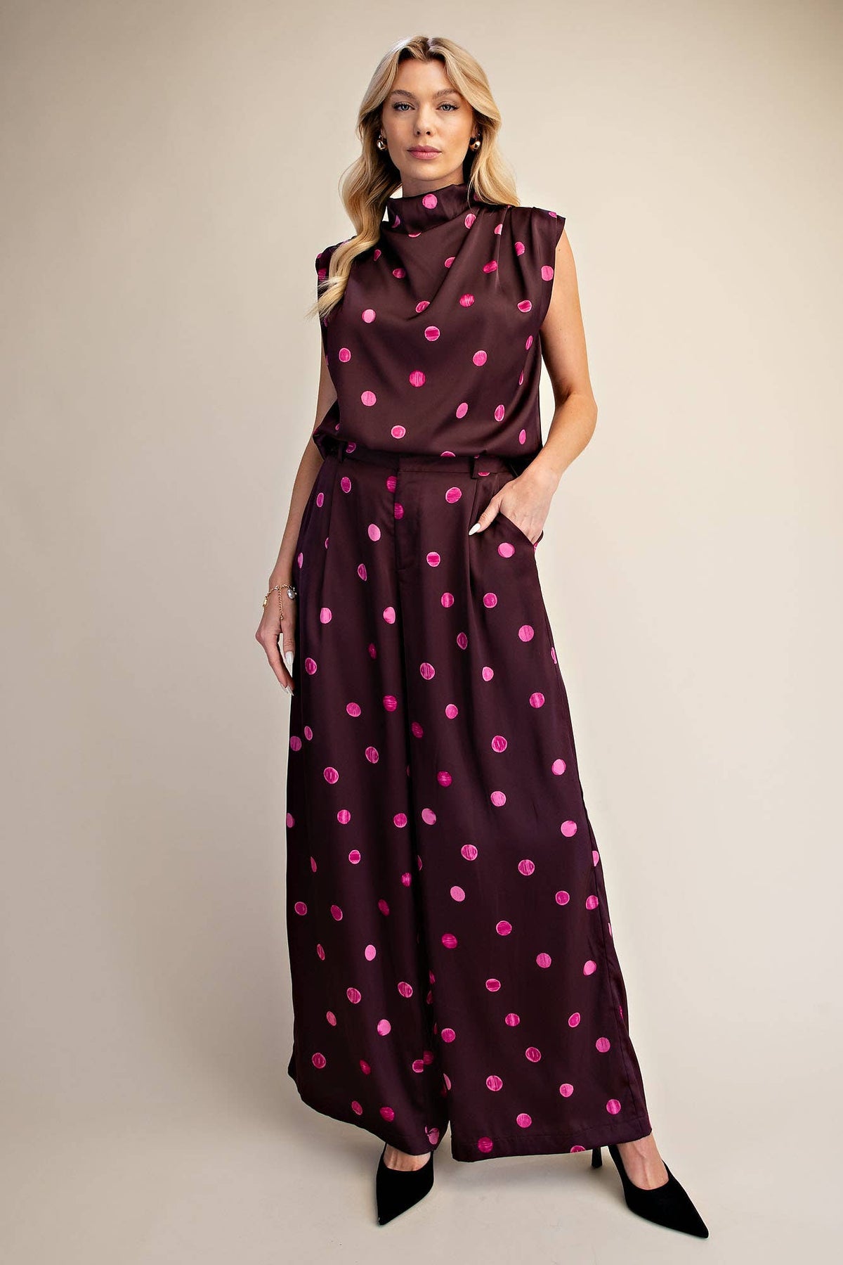 PLUM COWL NECK POLKA DOT TOP