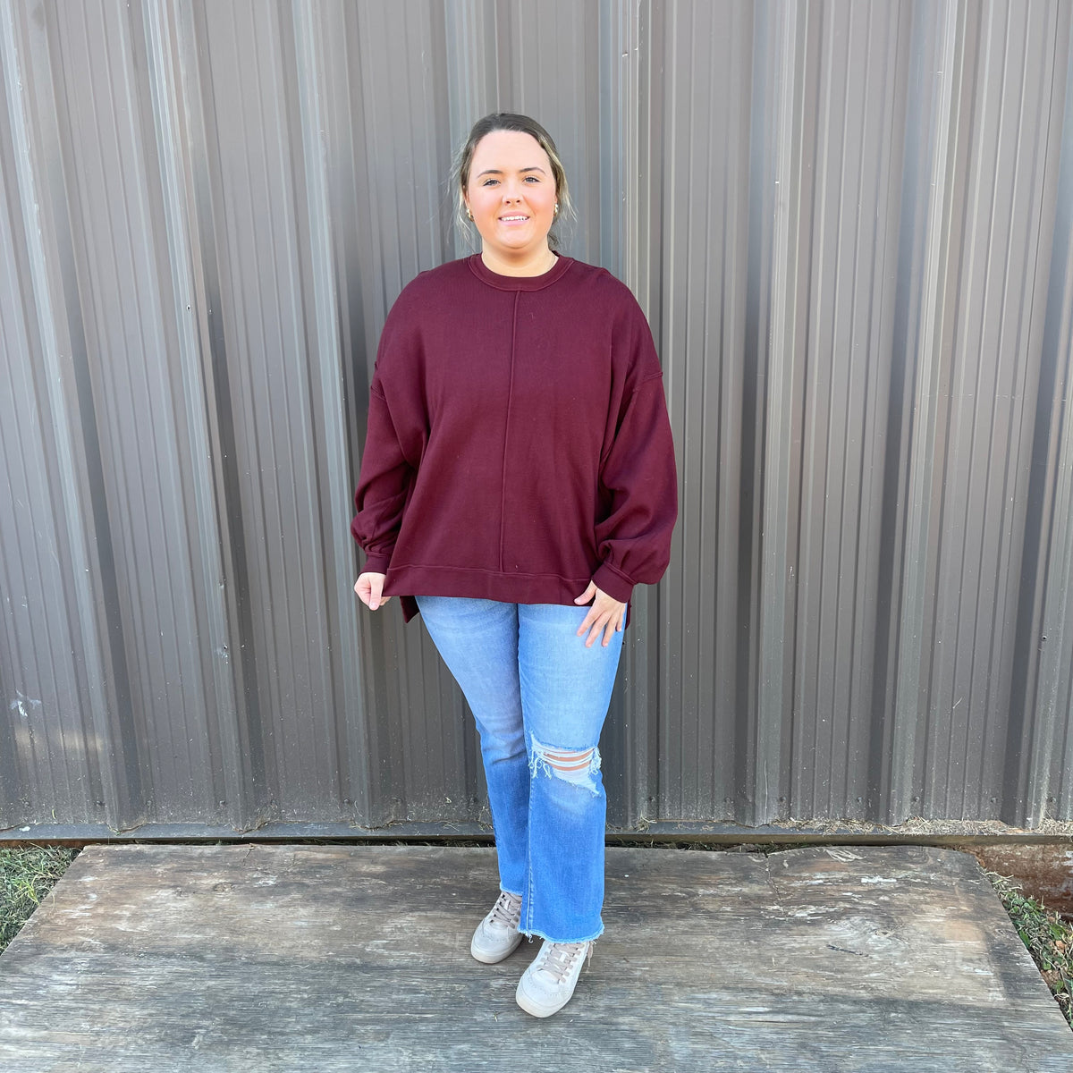 CHELSEA BURGUNDY HI LOW SWEATER