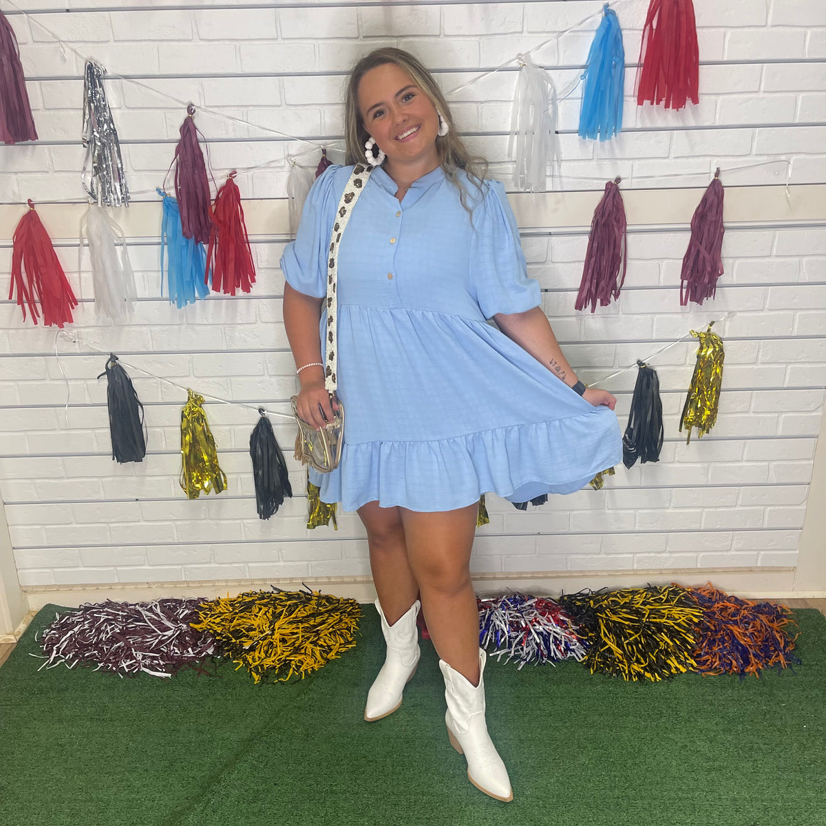 SKY BLUE TIER BUTTON DRESS