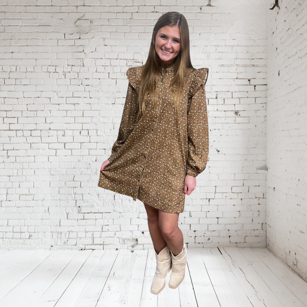 FLORAL BUTTON CORDUROY DRESS