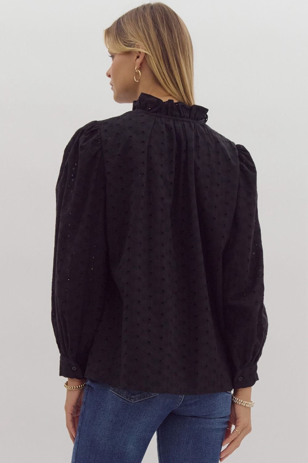 BLACK EYELET RUFFLE BUTTON BLOUSE