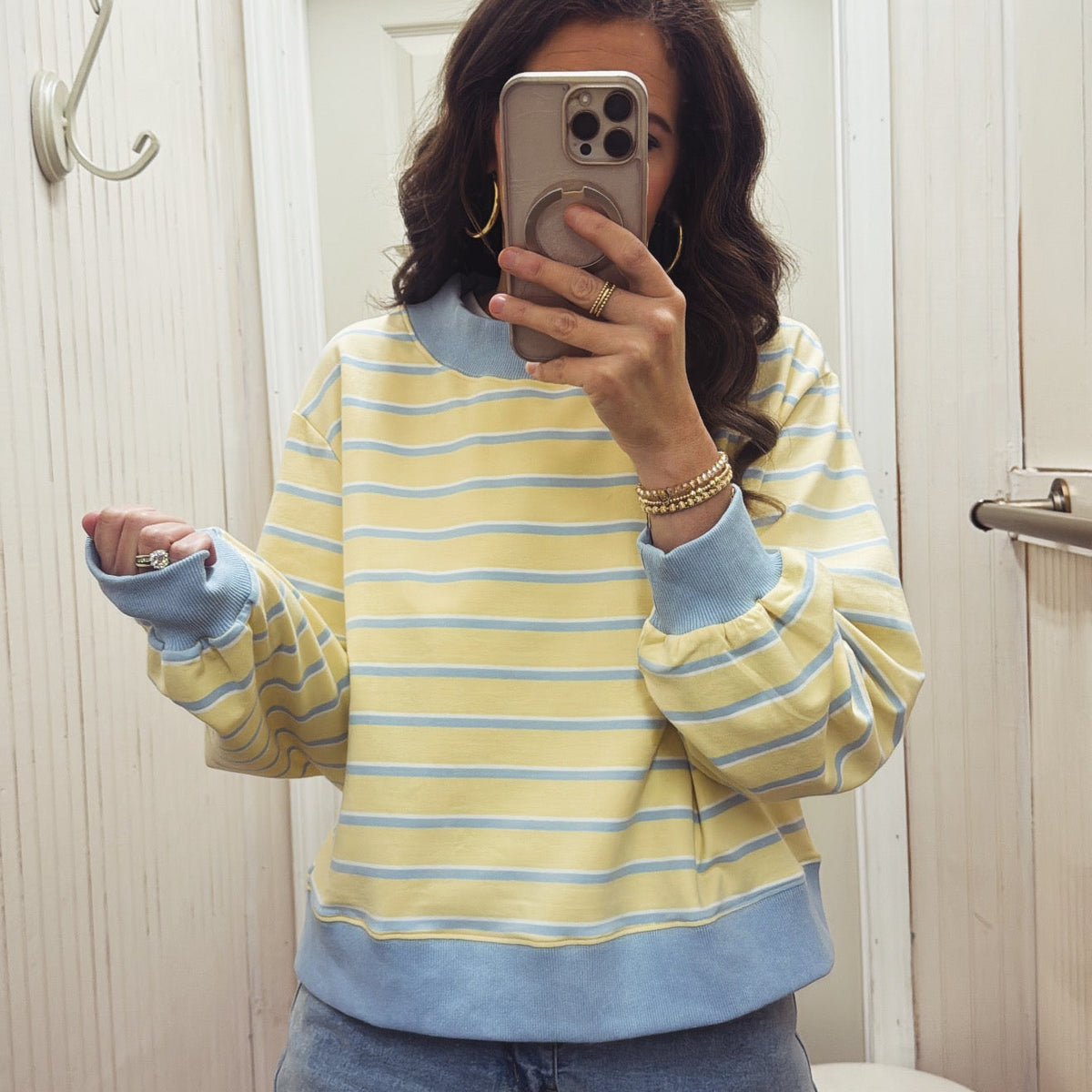 YELLOW & BLUE STRIPE MOCK SWEATSHIRT TOP