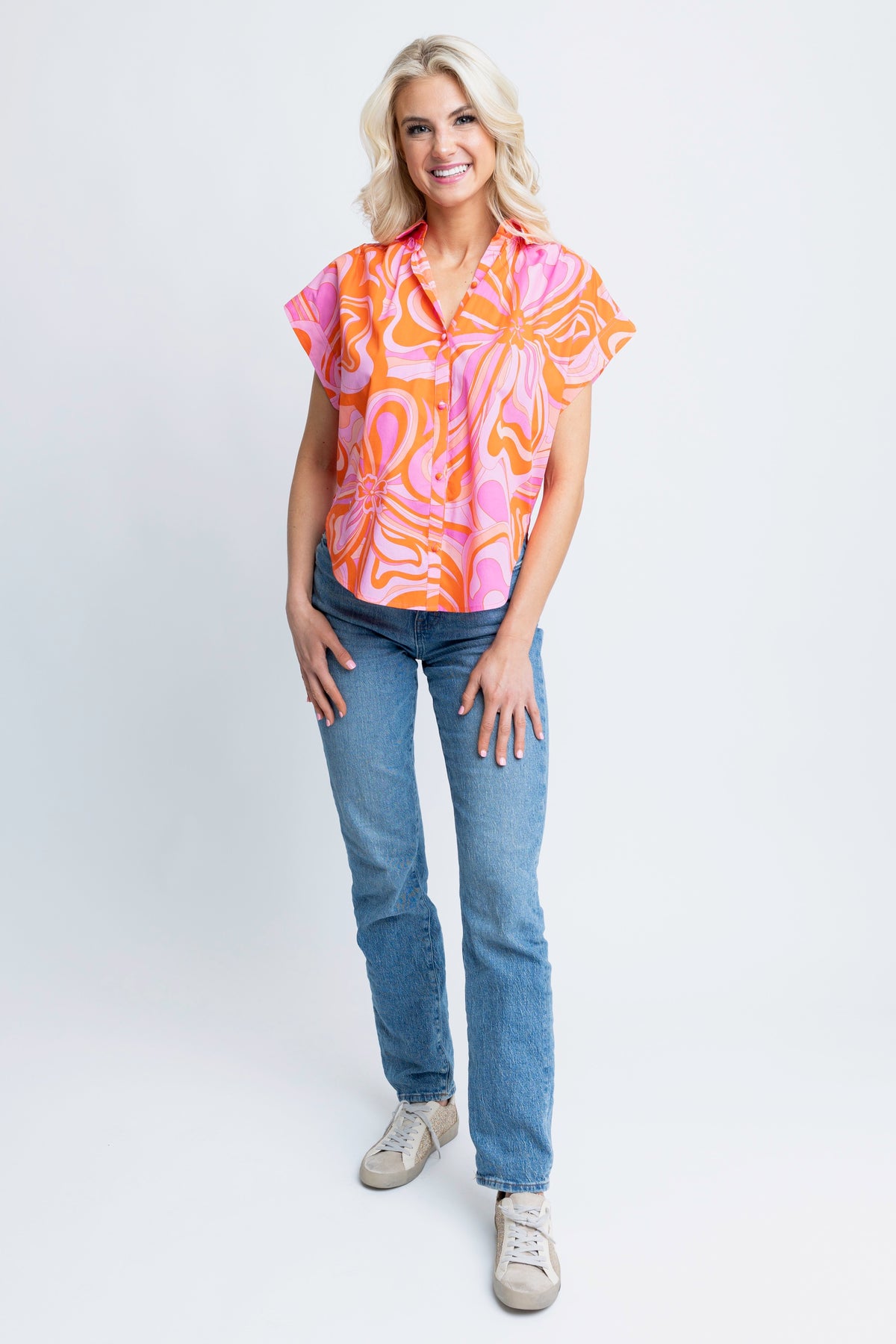 PINK FLORAL BUTTON CAP SLV TOP