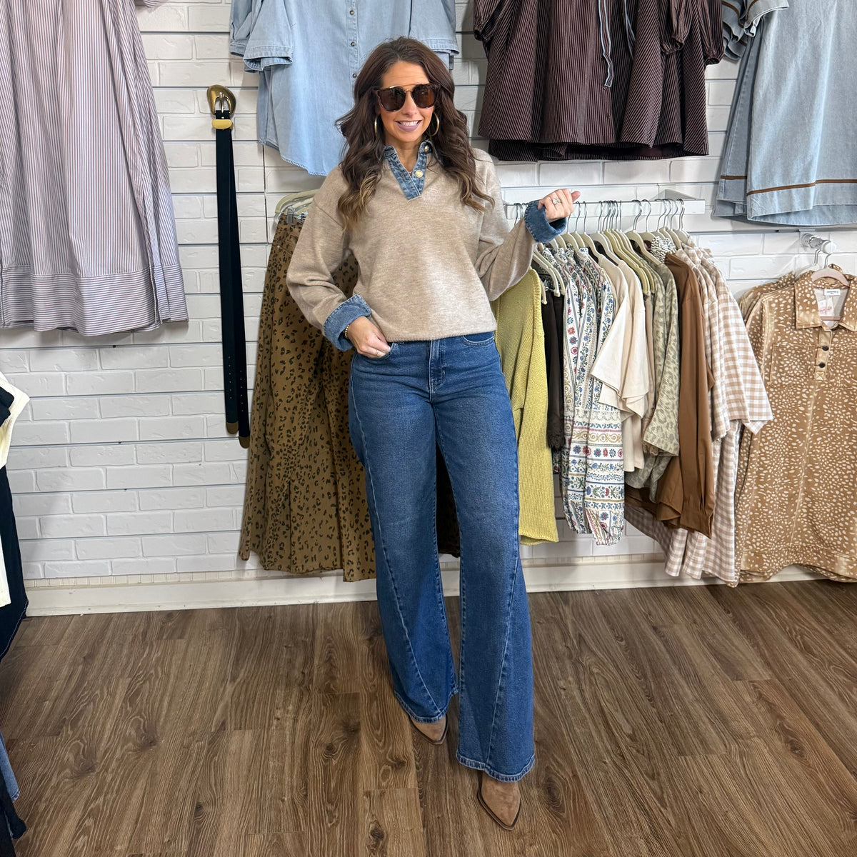 OATMEAL DENIM CONTRAST SWEATER