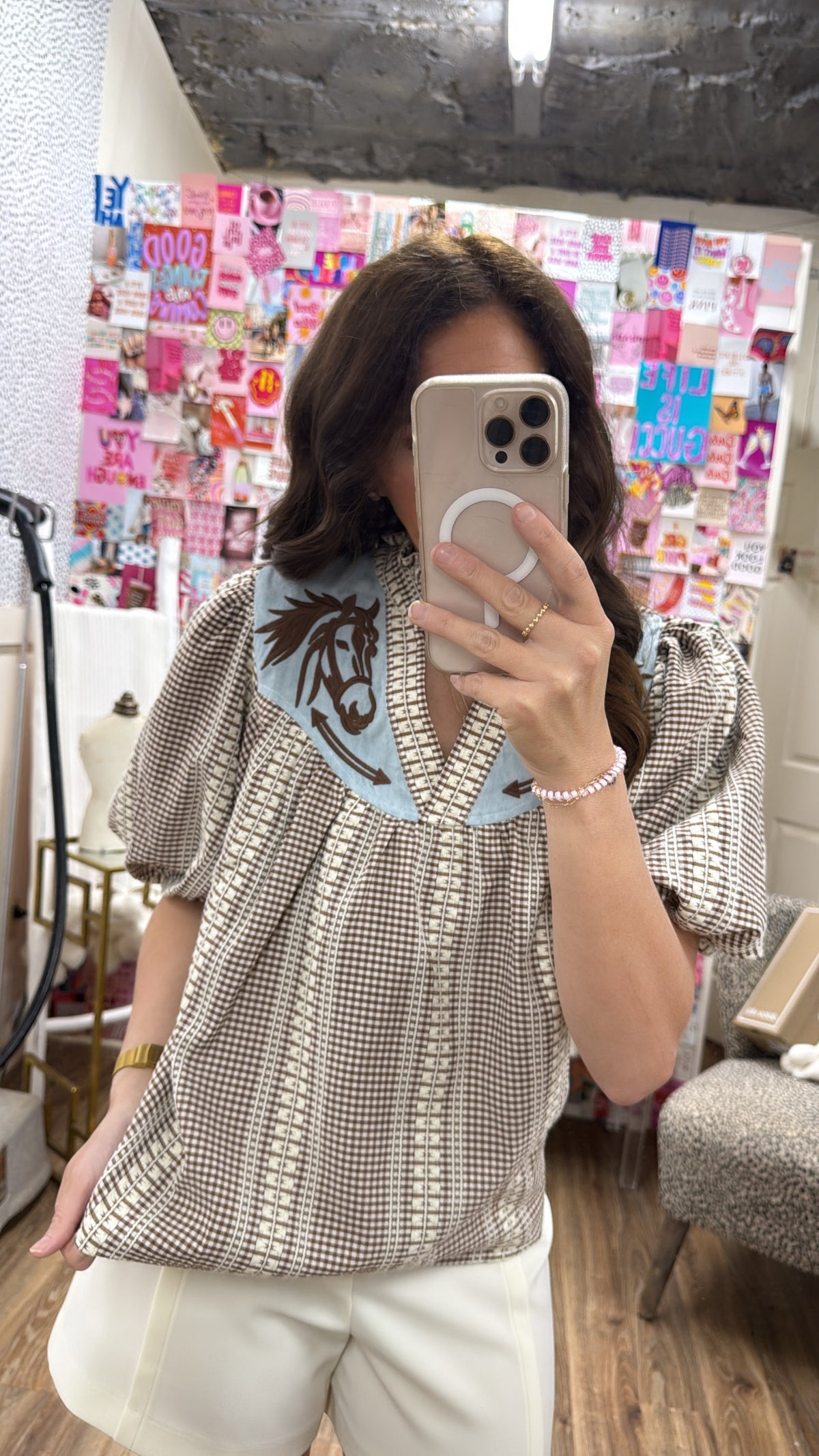 EMBROIDERED GINGHAM PUFF SLV TOP