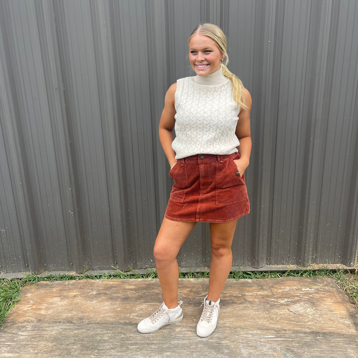 RUST CORDUROY MINI SKIRT