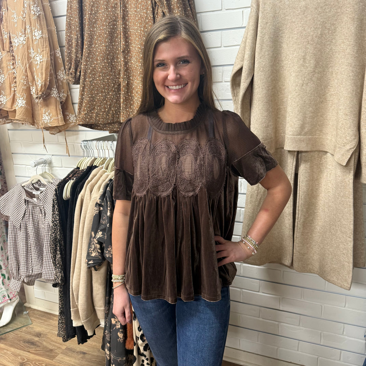 BROWN VELVET LACE BABYDOLL TOP