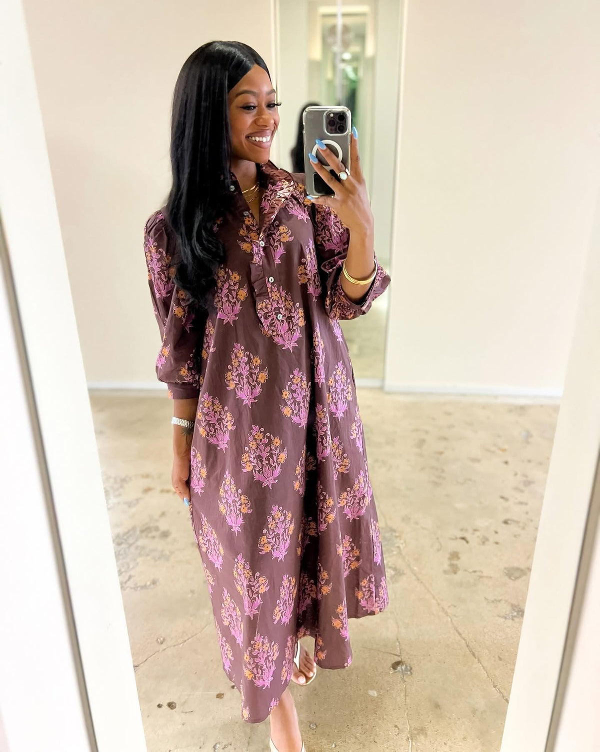 BROWN FLORAL RUFFLE TRIM MIDI