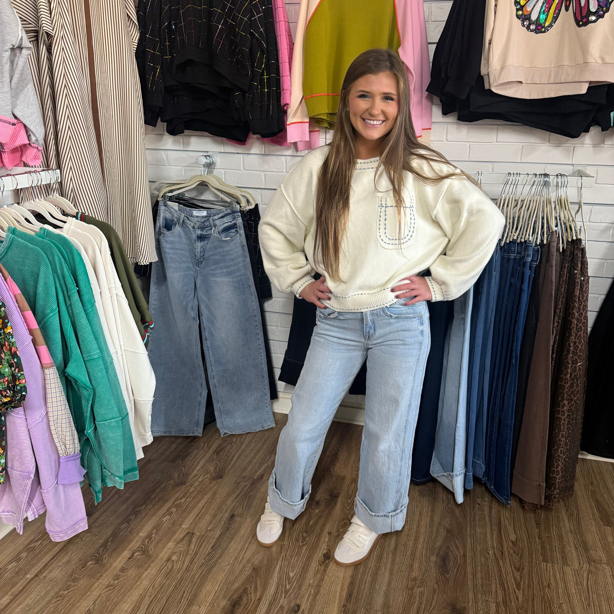 CREAM KNIT ACCENT STITCH SWEATER