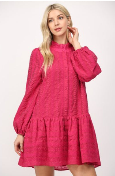 FUCHSIA DROP WAIST LACE DRESS