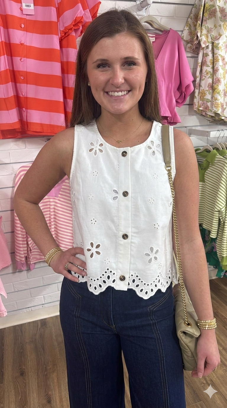 WHITE EYELET EMBROIDERED SCALLOP TOP