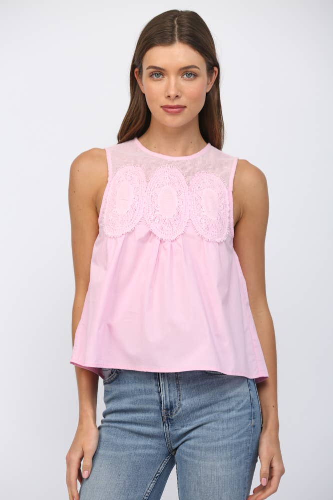 PINK MESH LACE TRIMMED TOP