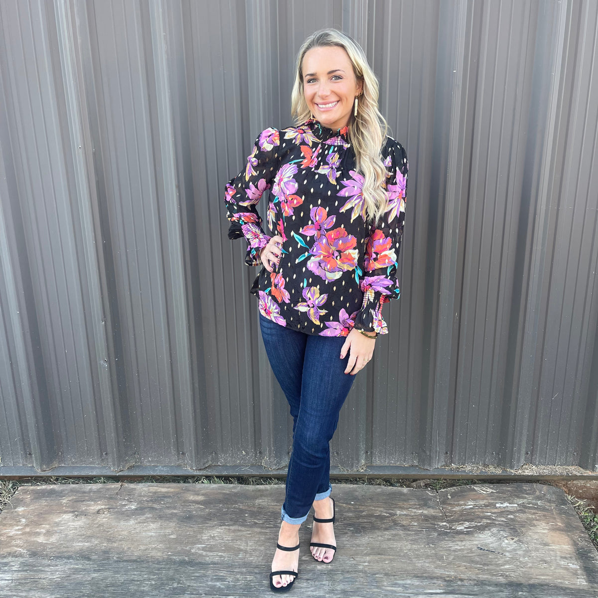 FLORAL CHIFFON SMOCKED BLOUSE