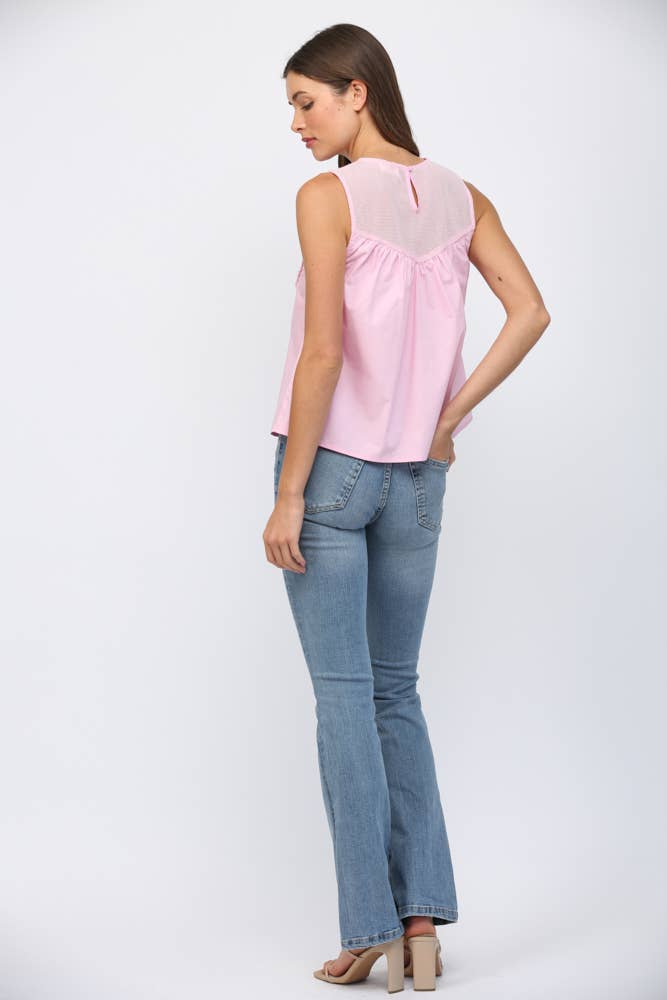 PINK MESH LACE TRIMMED TOP