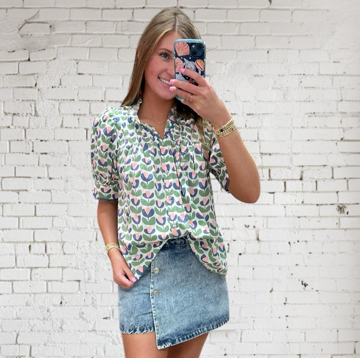 GREEN BLUE FLORAL PRINTED BUTTON TOP