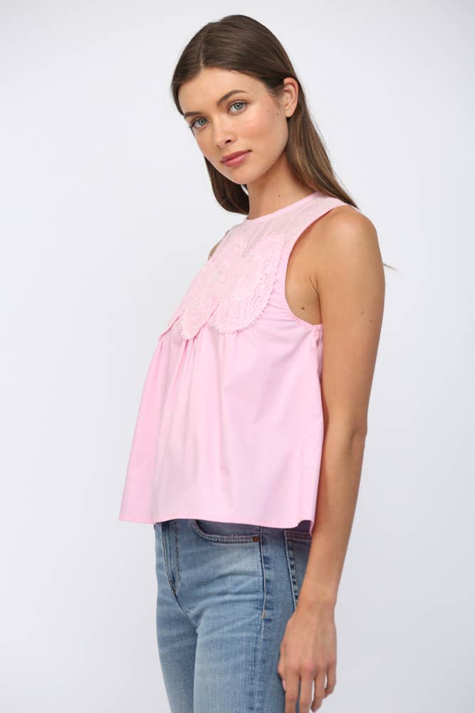 PINK MESH LACE TRIMMED TOP