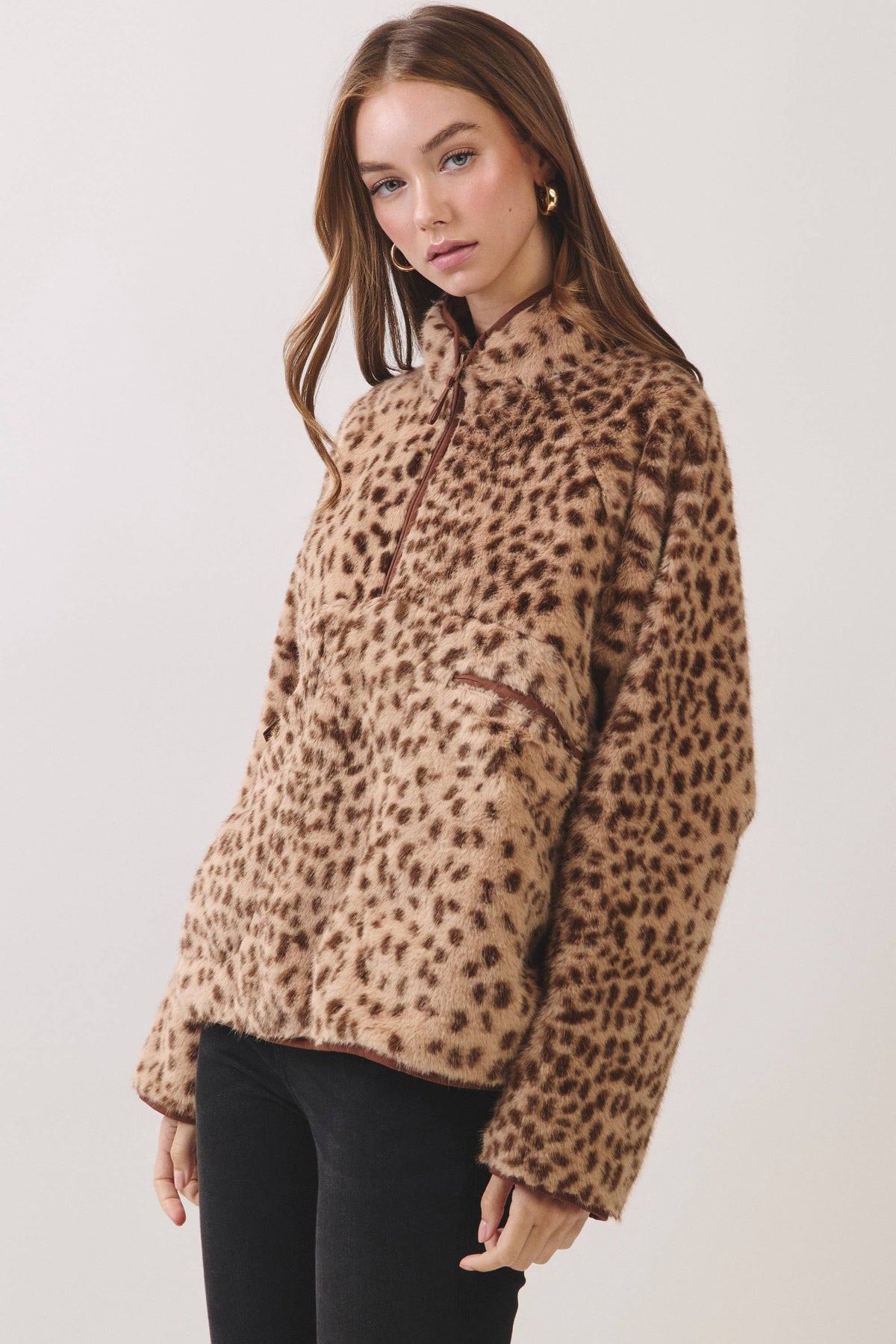 BROWN LEOPARD FAUX FUR PULOVER JACKET