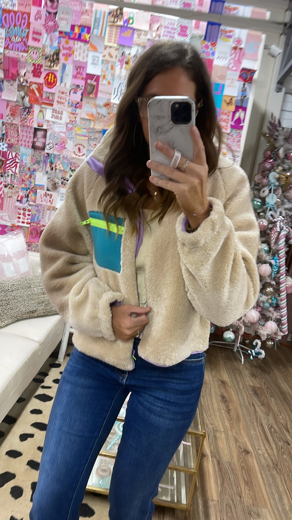 IVORY RETRO COLOR-BLOCK FLEECE JACKET