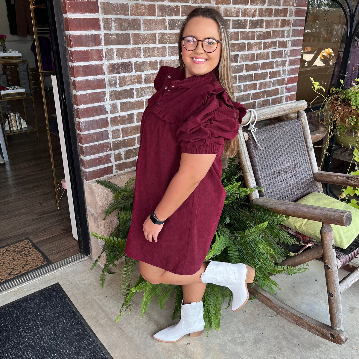 BURGUNDY CORDUROY PUFF SLV DRESS
