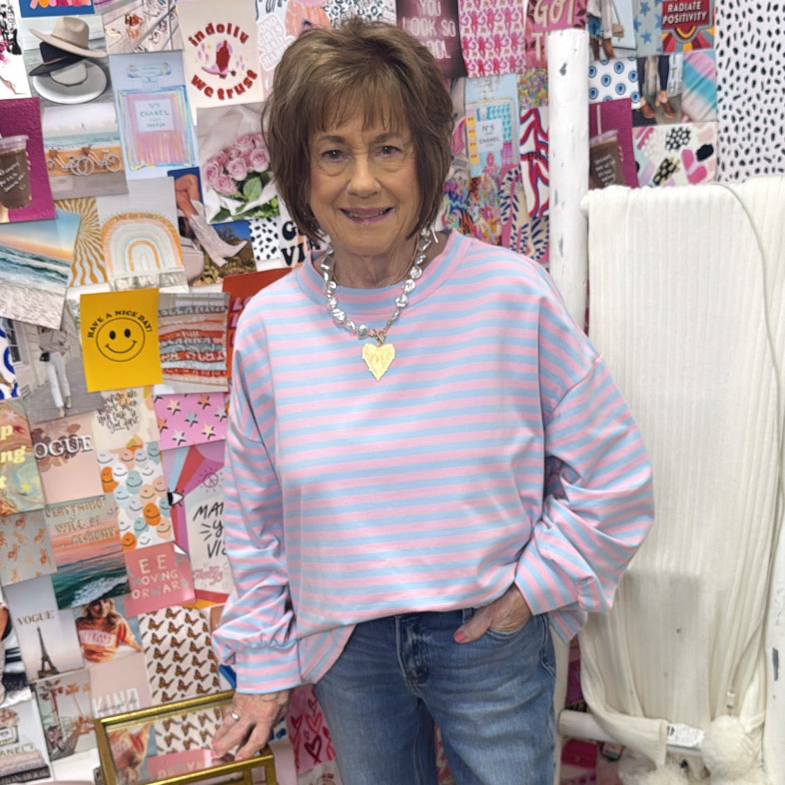 OVERSIZED PINK BLUE STRIPE CROP SHIRT