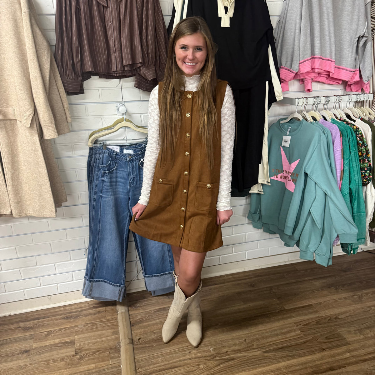 CAMEL SUEDE BUTTON SHIFT DRESS