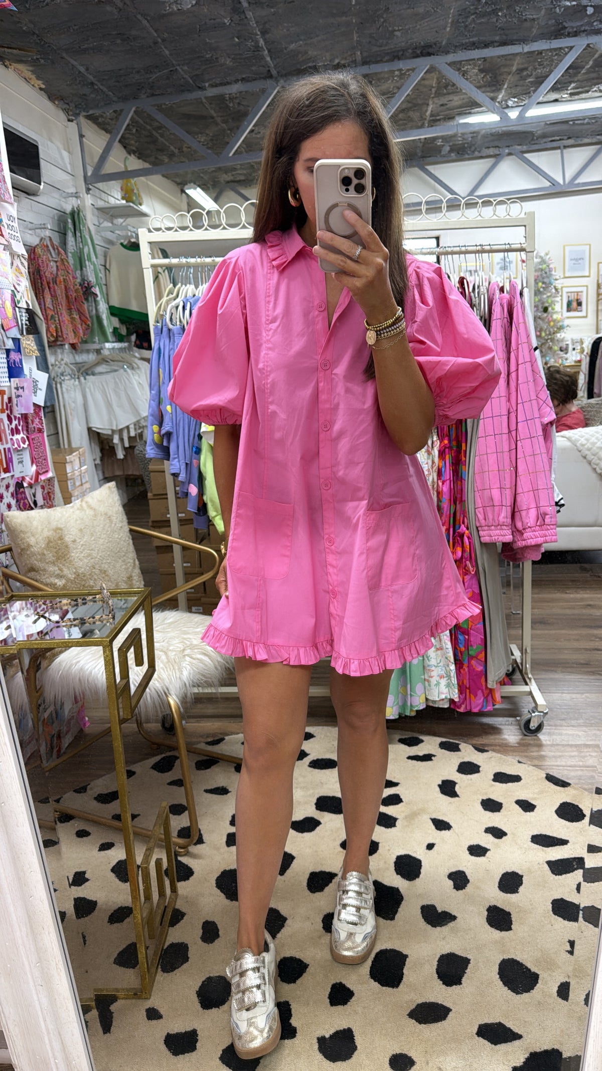 PINK PUFF SLV RUFFLE DRESS