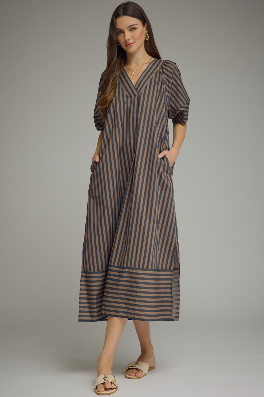 NAVY BROWN STRIPE MIDI DRESS