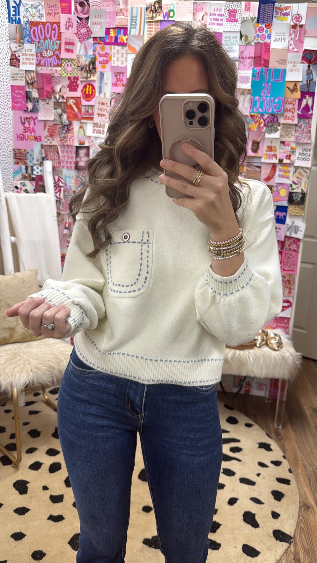 CREAM KNIT ACCENT STITCH SWEATER