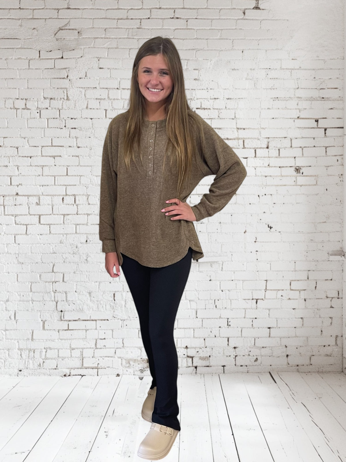 MOCHA MAGGIE HACCI HENLEY SWEATER-FINAL SALE