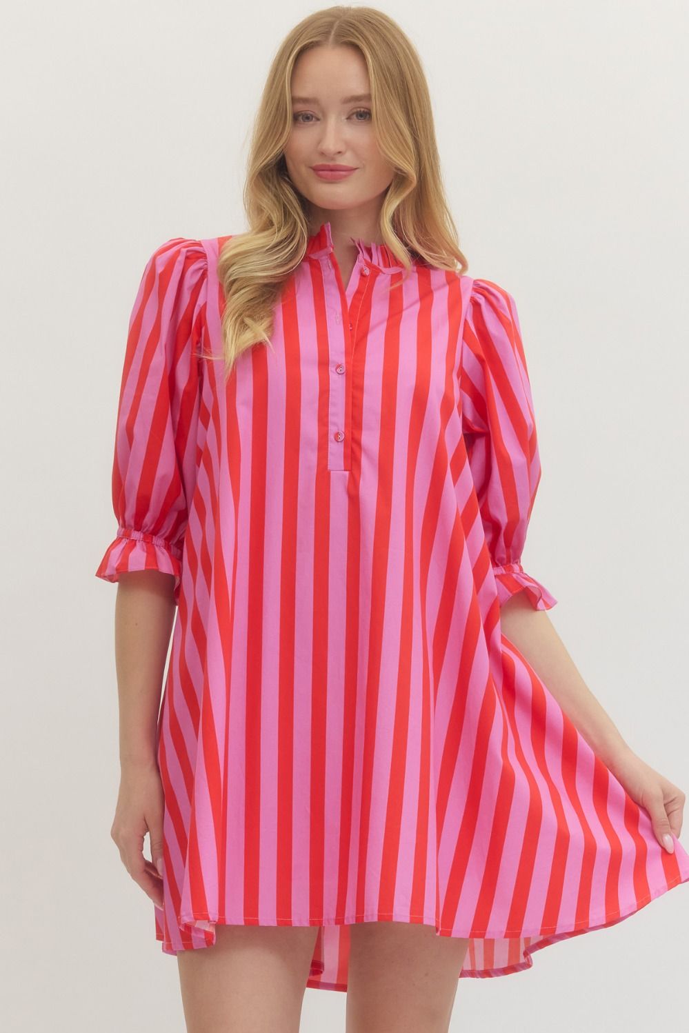 PINK RED STRIPE SELF TIE DRESS