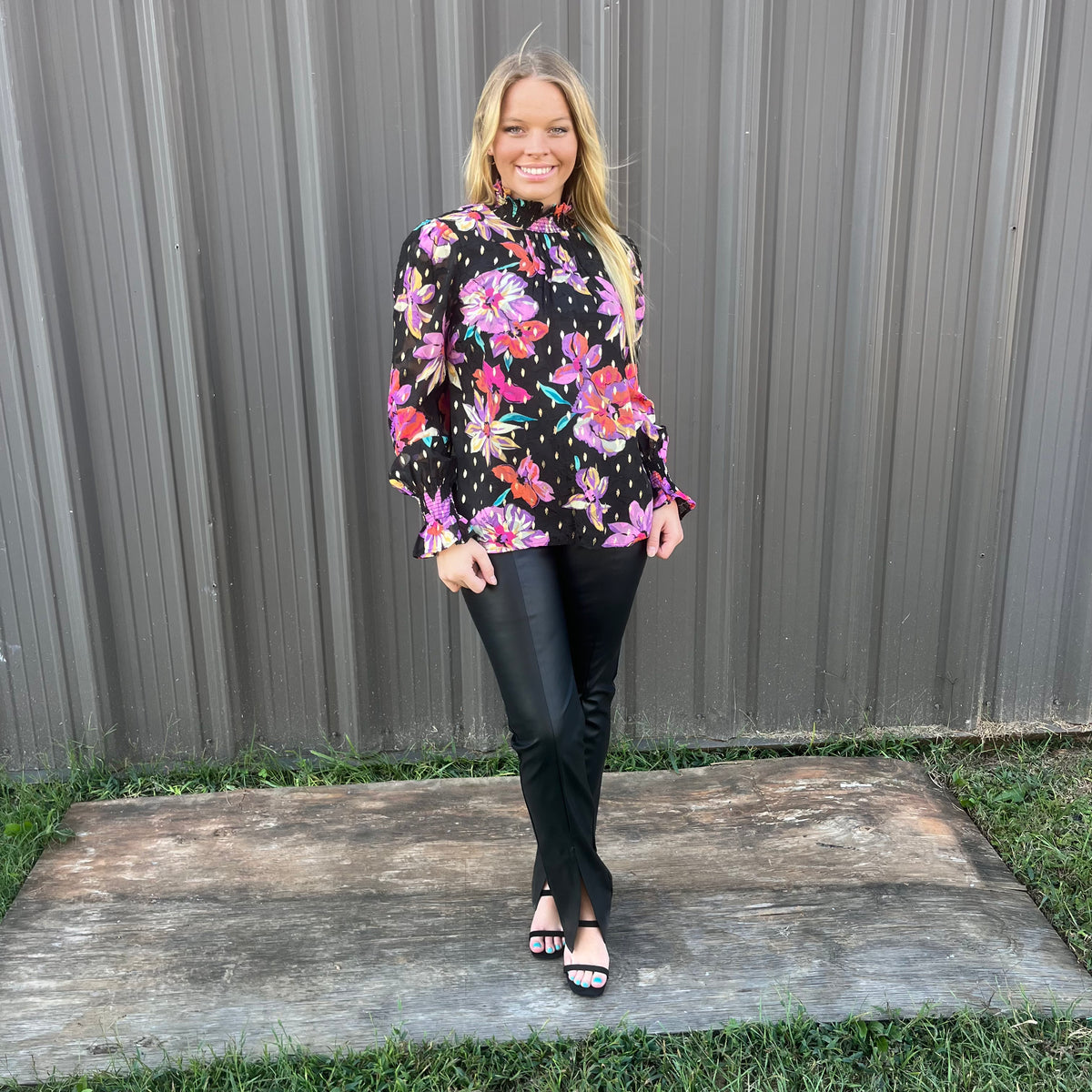 FLORAL CHIFFON SMOCKED BLOUSE