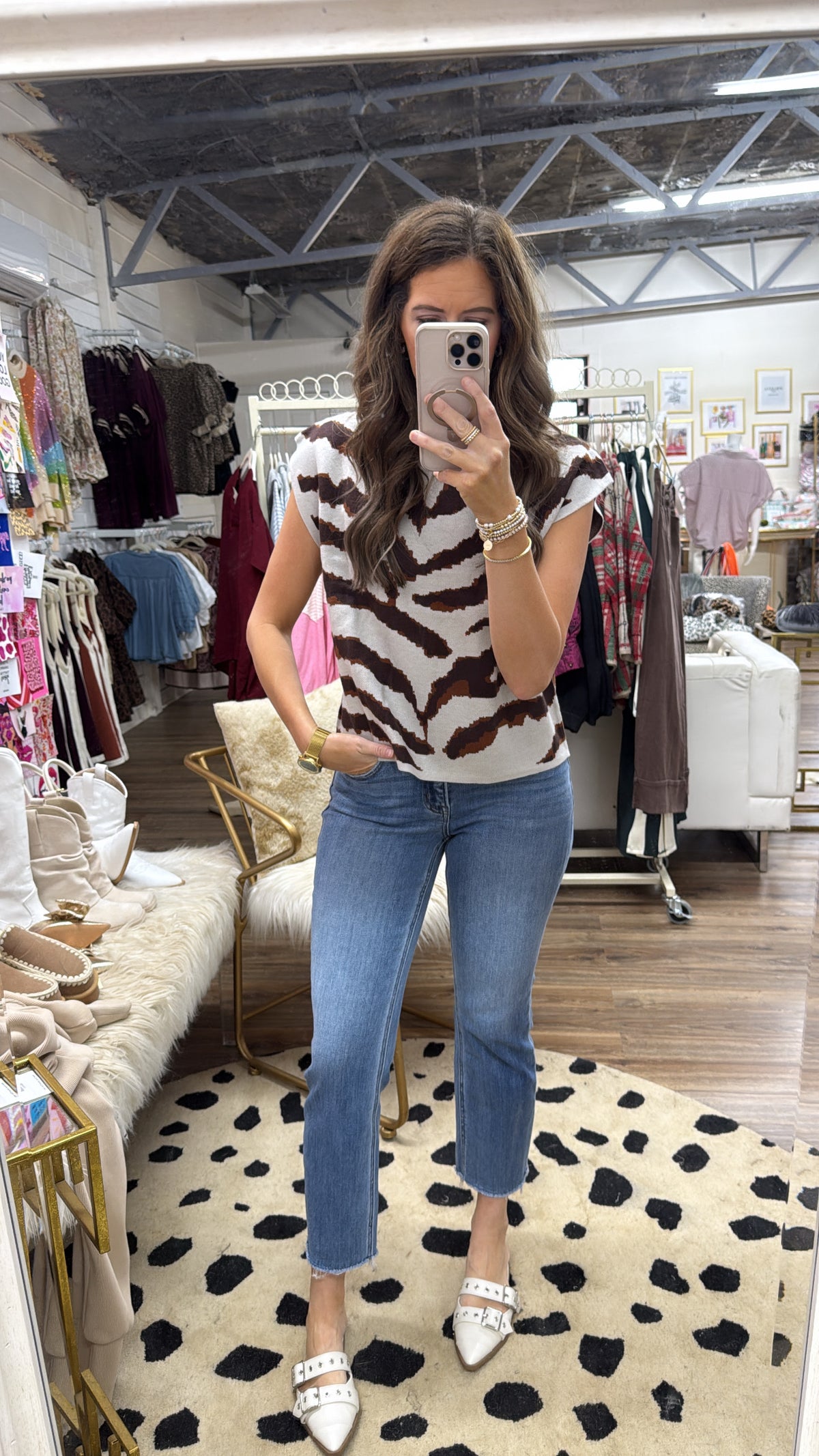 BROWN ANIMAL PRINT MOCK NK SWEATER