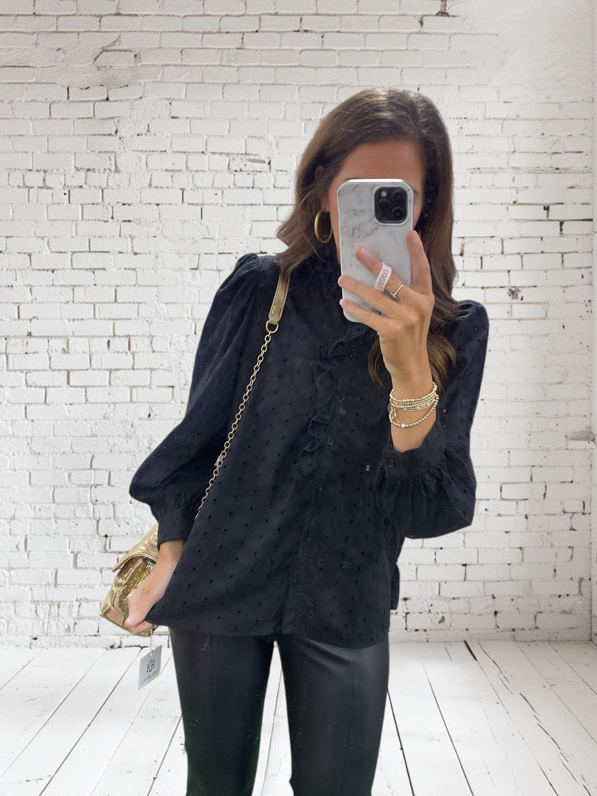 BLACK EYELET RUFFLE BUTTON BLOUSE