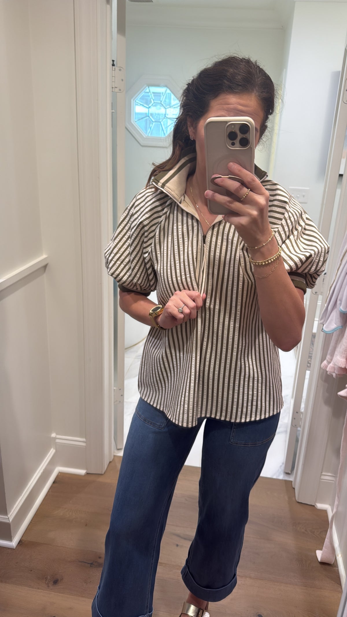 OLIVE STRIPED HALF ZIP ACCENT BAND TOP