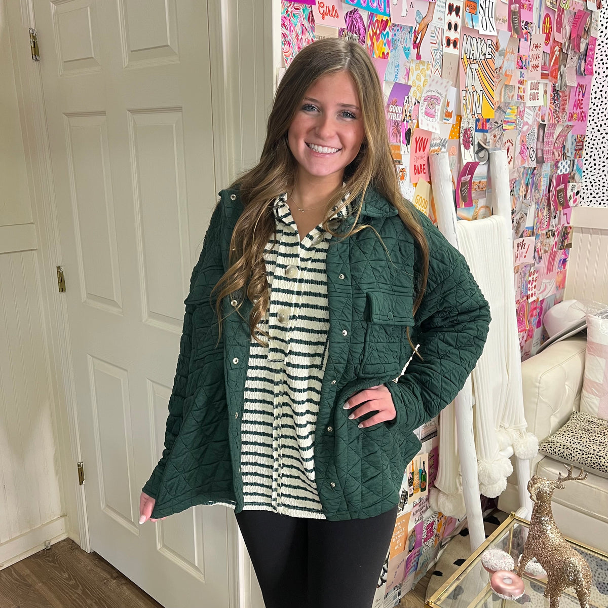 GREEN QUILTED LONG SLV SHACKET